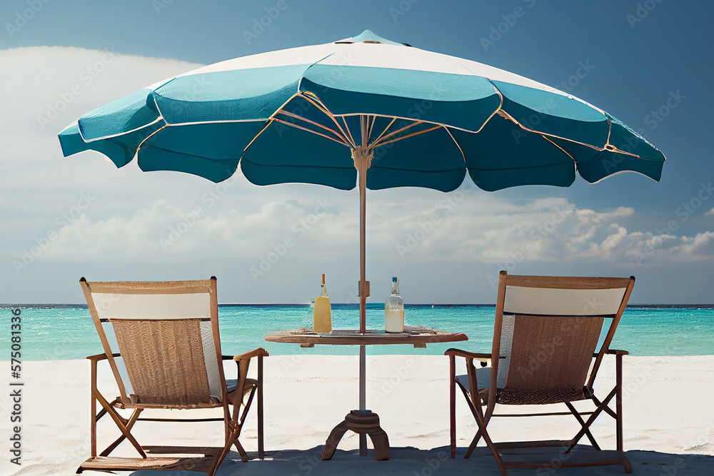 Two beach chairs and table, on tropical beach shore. Summer holiday, vacation background.