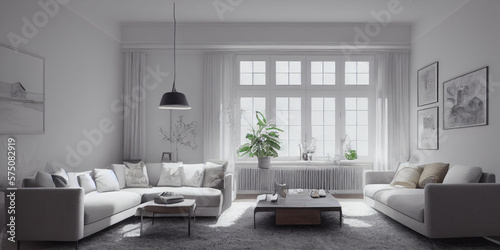 Stylish scandinavian living room with design mint sofa, furnitures, mock up poster map, plants and elegant personal accessories. Modern home decor. Bright and sunny room. Generative AI illustration. © Interior Stock Photo