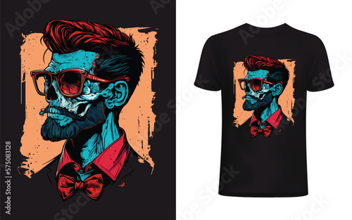 Hipster skull with sunglasses, moustache and beard. Fashion style for t shirt design, poster, banner etc. Original Vector Illustration.	