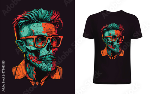 Hipster skull with sunglasses, moustache and beard. Fashion style for t shirt design, poster, banner etc. Original Vector Illustration.	