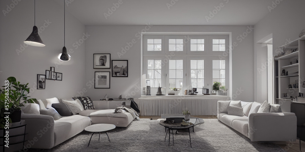 Stylish scandinavian living room with design mint sofa, furnitures, mock up poster map, plants and elegant personal accessories. Modern home decor. Bright and sunny room. Generative AI illustration. Stylish scandinavian living room with design mint sofa, furnitures, mock up poster map, plants and elegant personal accessories. Modern home decor. Bright and sunny room. Generative AI illustration.