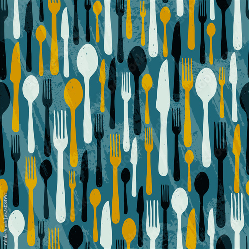 Kitchen utensils fork, knife, spoon in doodle style seamless pattern background