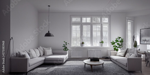 Stylish scandinavian living room with design mint sofa  furnitures  mock up poster map  plants and elegant personal accessories. Modern home decor. Bright and sunny room. Generative AI illustration.