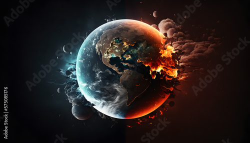 Planet explosion. Earth destruction. Meteor disaster. Planet earth exploding and shattering in half. Meteor storm. Outer space explosions, meteors, planets and stars. Designed using Generative AI