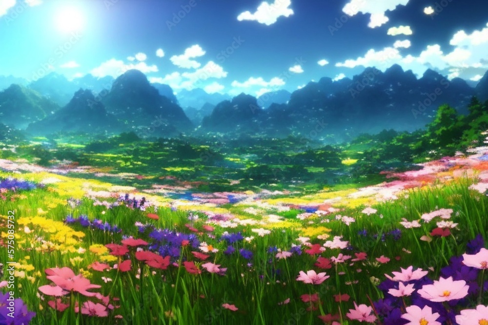 landscape illustration of a field of flowers in an anime style