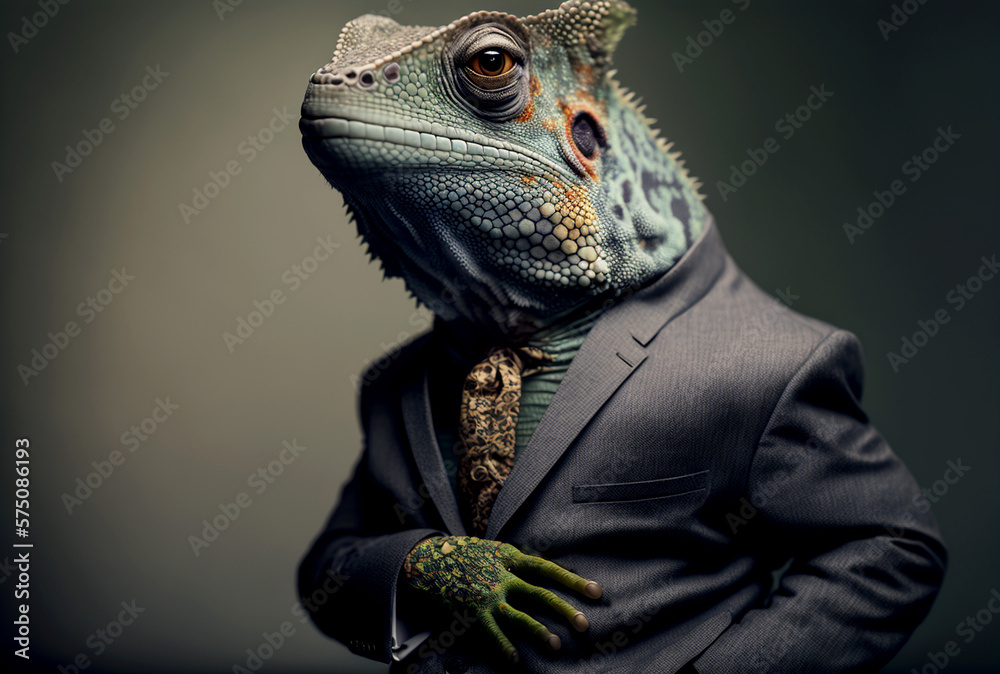 Vertical shot of chameleon in suit, spirit animal Generative AI