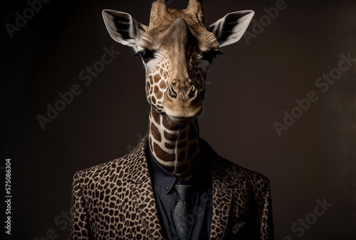 Vertical shot of giraffe in suit  spirit animal Generative AI