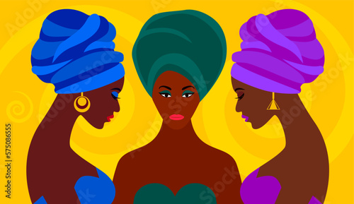 Portrait of three beautiful African Women. Female Silhouette on abstract background