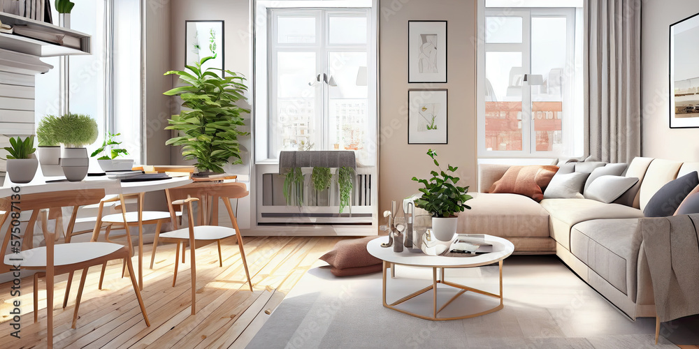 Fototapeta premium Stylish scandinavian living room with design mint sofa, furnitures, mock up poster map, plants and elegant personal accessories. Modern home decor. Bright and sunny room. Generative AI illustration.