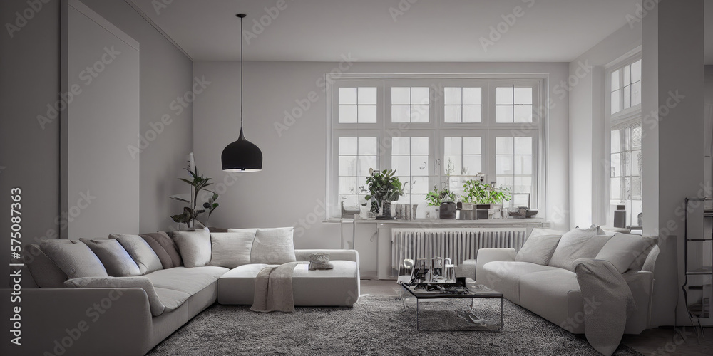 Fototapeta premium Stylish scandinavian living room with design mint sofa, furnitures, mock up poster map, plants and elegant personal accessories. Modern home decor. Bright and sunny room. Generative AI illustration.