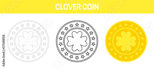 Clover Coin tracing and coloring worksheet for kids