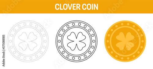 Clover Coin tracing and coloring worksheet for kids