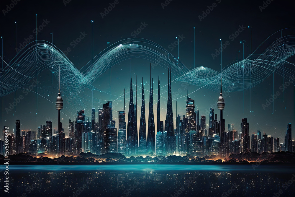 Smart city and big data connection technology concept, blue wavy wires, night megapolis, city skyline background, double exposure, Cityscape, technology, city, vector, digital, office,