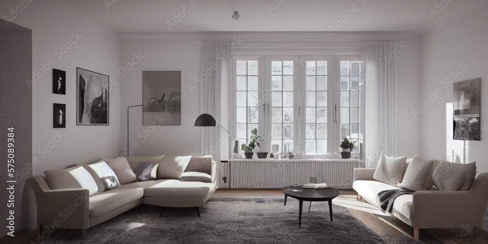 Stylish scandinavian living room with design mint sofa, furnitures, mock up poster map, plants and elegant personal accessories. Modern home decor. Bright and sunny room. Generative AI illustration. Stylish scandinavian living room with design mint sofa, furnitures, mock up poster map, plants and elegant personal accessories. Modern home decor. Bright and sunny room. Generative AI illustration.