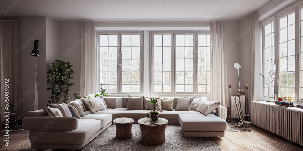Stylish scandinavian living room with design mint sofa, furnitures, mock up poster map, plants and elegant personal accessories. Modern home decor. Bright and sunny room. Generative AI illustration.