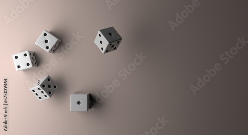 Dices, randomly thrown white dice, casino dice on white background seen from above (3d illustration)