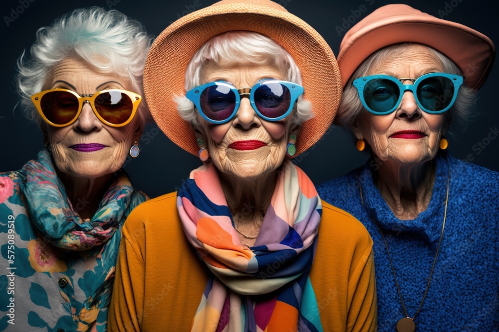 Mature retired women wearing modern colorful clothes and cool sunglasses. Generative AI