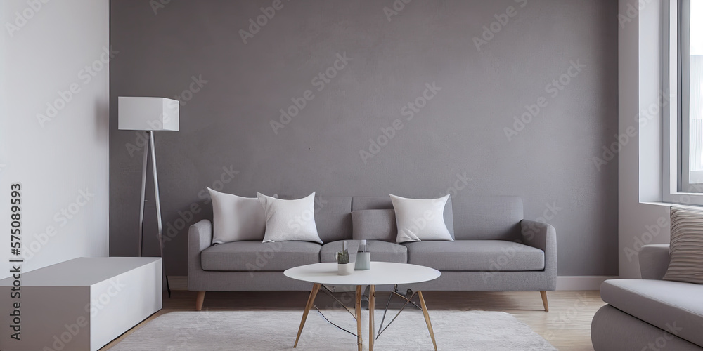 Fototapeta premium Stylish scandinavian living room with design mint sofa, furnitures, mock up poster map, plants and elegant personal accessories. Modern home decor. Bright and sunny room. Generative AI illustration.