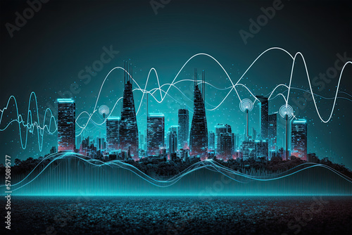 Smart city and big data connection technology concept, blue wavy wires, night megapolis, city skyline background, double exposure, Cityscape, technology, city, vector, digital, office,