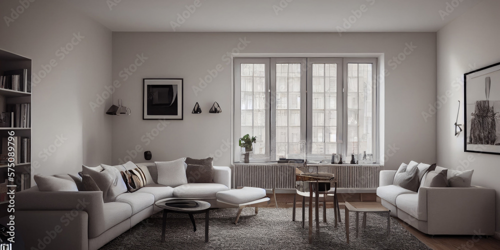 Fototapeta premium Stylish scandinavian living room with design mint sofa, furnitures, mock up poster map, plants and elegant personal accessories. Modern home decor. Bright and sunny room. Generative AI illustration.