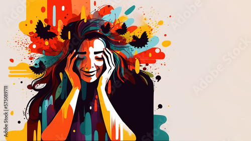 Girl with mental health concept. Abstract flat design illustration banner. Generative AI