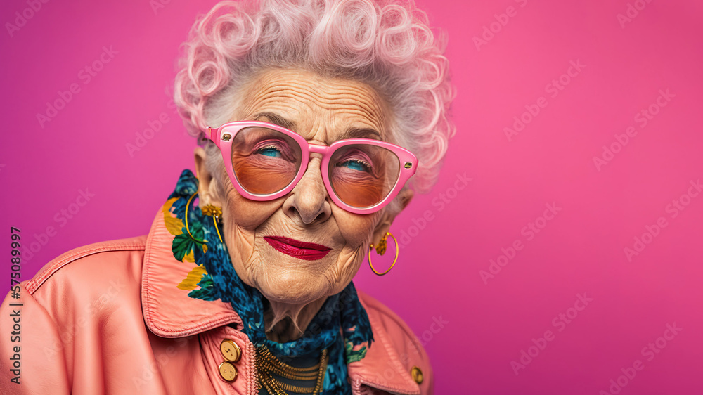 Old senior woman wearing fashionable pink clothes over pink background. Copy space. Generative AI