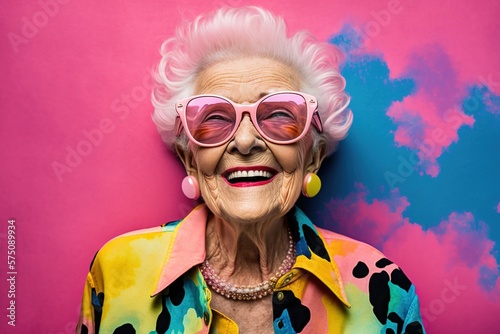 Portrait of adorable retired old woman wearing colorful fashionable clothes over pink background. Generative AI photo