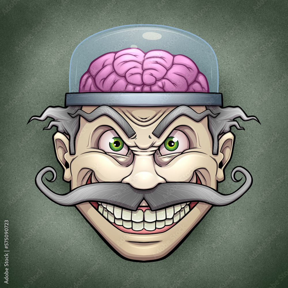 Mad Scientist with Exposed Brain and Magnificent Mustache Cartoon