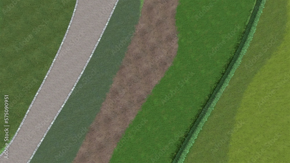 Obraz premium 3D illustration of modern landscape architecture. Background computer rendering of landscape design. Contrasting composition of different lawn surfaces in smooth lines.