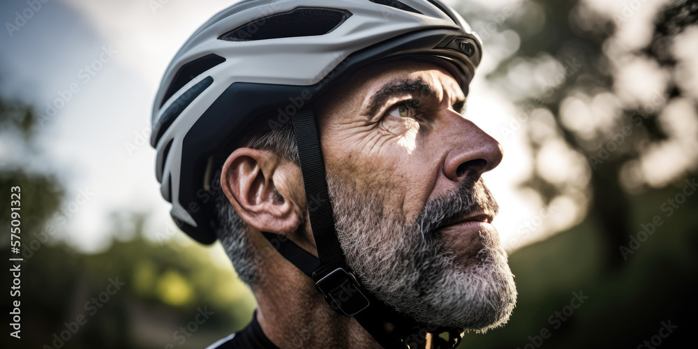 A man in his 50s bikes through a serene countryside road, dressed in cycling gear and helmet (created with Generative AI) A man in his 50s bikes through a serene countryside road, dressed in cycling gear and helmet (created with Generative AI)