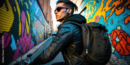 A man riding his bike on a city street. He is wearing a leather jacket and sunglasses  and has a backpack on his back  created with Generative AI 