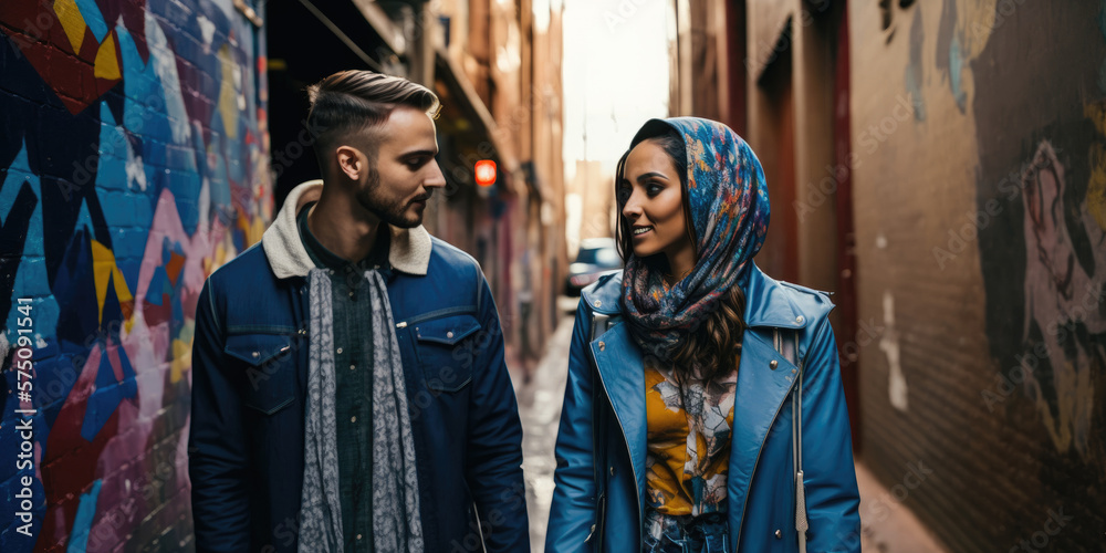 A young couple walking through a city alleyway. The woman is wearing a hijab and a colorful dress, while the man is in a denim jacket and jeans (created with Generative AI) A young couple walking through a city alleyway. The woman is wearing a hijab and a colorful dress, while the man is in a denim jacket and jeans (created with Generative AI)