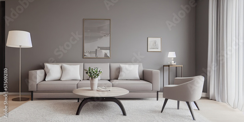 Stylish scandinavian living room with design mint sofa, furnitures, mock up poster map, plants and elegant personal accessories. Modern home decor. Bright and sunny room. Generative AI illustration. © Interior Stock Photo