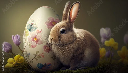 Tenero coniglietto pasquale con uovo di pasqua decorato photo
