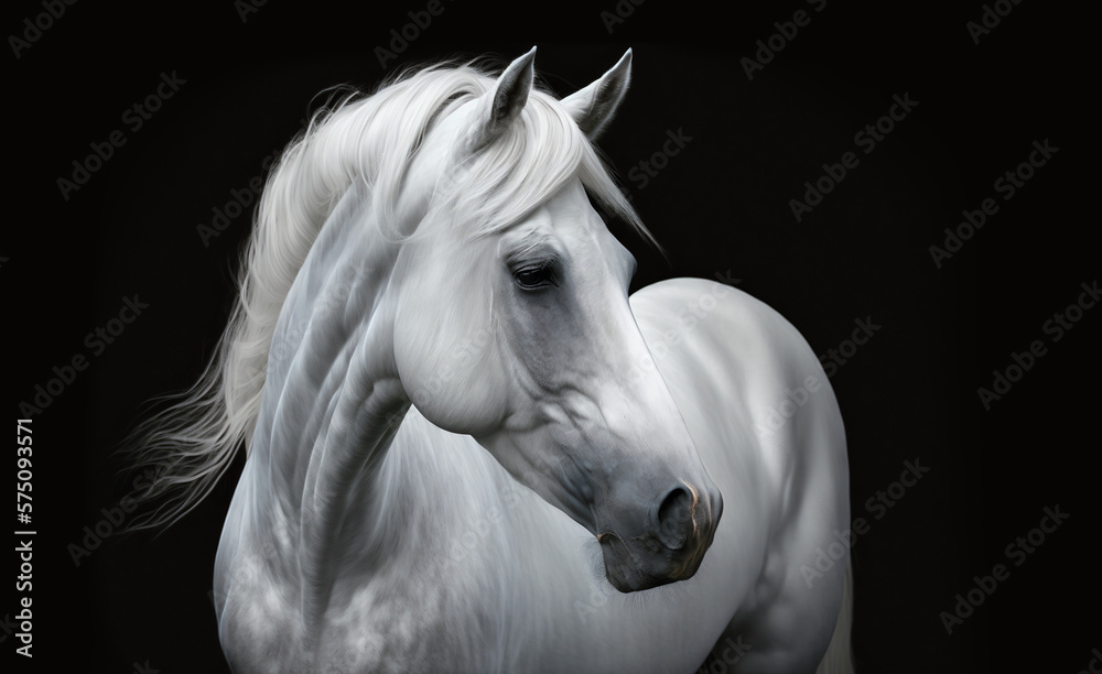 White horse beautiful face portrait. Beauty wild arabian horse isolated on black background. Premium strong stallion White horse beautiful face portrait. Beauty wild arabian horse isolated on black background. Premium strong stallion