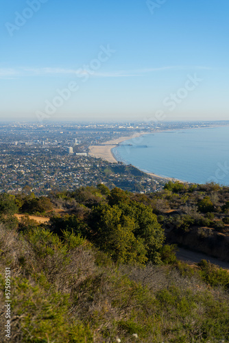Sunset views from the Santa Monica Mountains while hiking, looking down on the city of Los Angeles and the Santa Monica Bay.