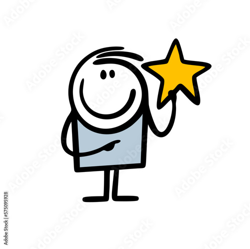 Small boy hand drawn in cartoon doodle style holds a big golden star.