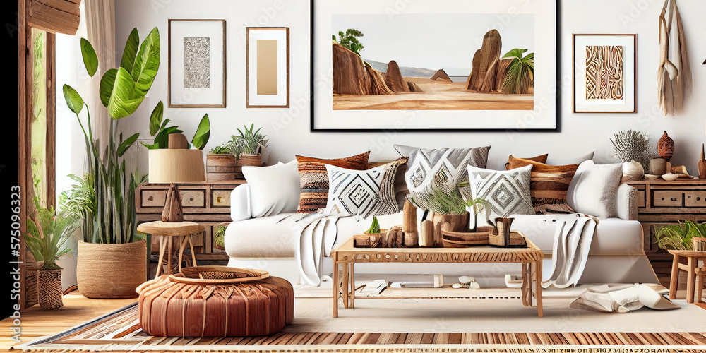 Fototapeta premium Stylish scandinavian living room with design mint sofa, furnitures, mock up poster map, plants and elegant personal accessories. Modern home decor. Bright and sunny room. Generative AI illustration.