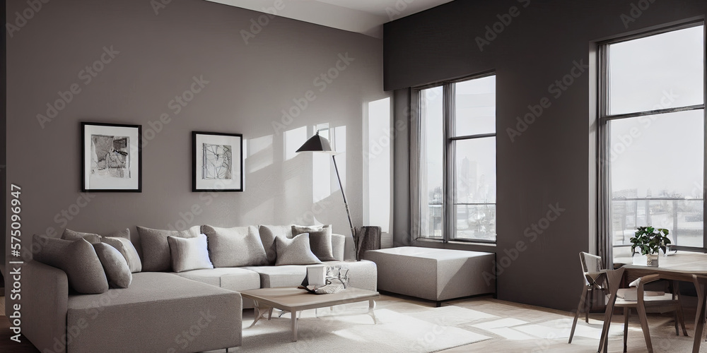 Fototapeta premium Stylish scandinavian living room with design mint sofa, furnitures, mock up poster map, plants and elegant personal accessories. Modern home decor. Bright and sunny room. Generative AI illustration.