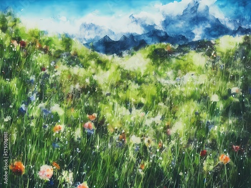 Flower field with mountains created with generative ai technology