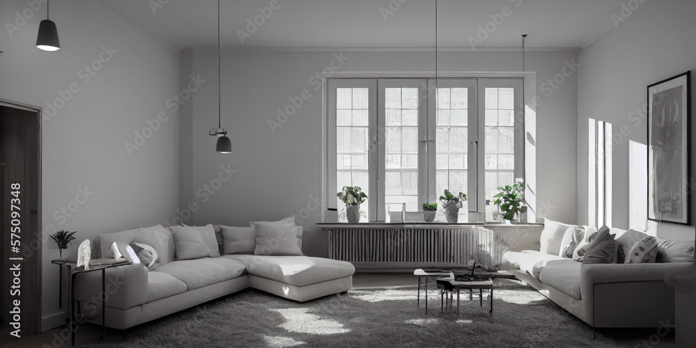 Fototapeta premium Stylish scandinavian living room with design mint sofa, furnitures, mock up poster map, plants and elegant personal accessories. Modern home decor. Bright and sunny room. Generative AI illustration.