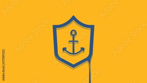 Blue Anchor inside shield icon isolated on orange background. 4K Video motion graphic animation