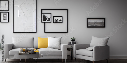 Stylish scandinavian living room with design mint sofa, furnitures, mock up poster map, plants and elegant personal accessories. Modern home decor. Bright and sunny room. Generative AI illustration.