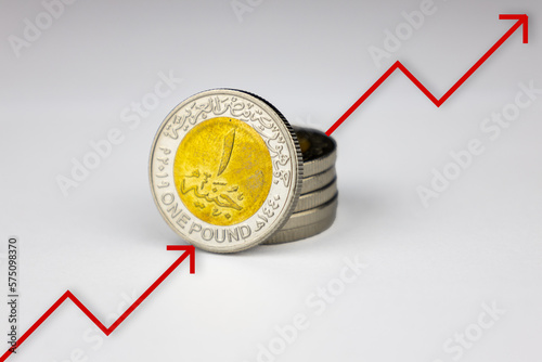inflation in Egypt, currency coin and red arrow indicate an increase in the cost of living 