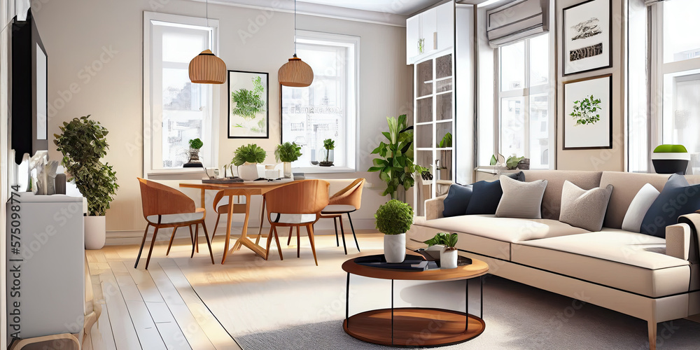 Fototapeta premium Stylish scandinavian living room with design mint sofa, furnitures, mock up poster map, plants and elegant personal accessories. Modern home decor. Bright and sunny room. Generative AI illustration.