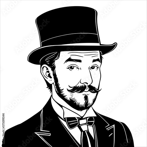 Gentleman with Mustache and Top Hat, Looking Suave and Sophisticated. 
