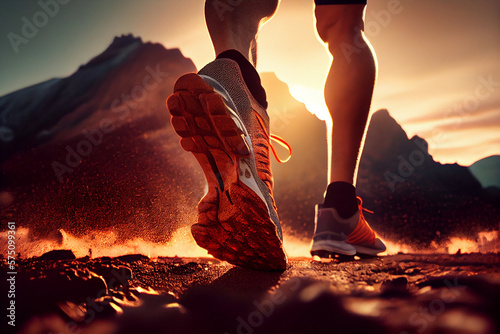 Close-up at the feet of a runner starting to run forward towards a great view.generative ai photo