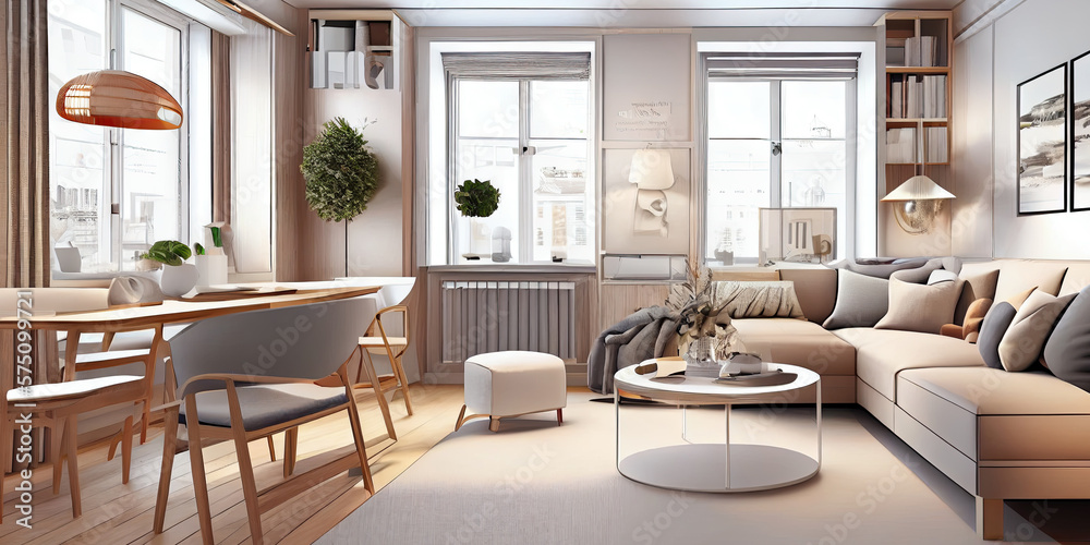 Stylish scandinavian living room with design mint sofa, furnitures, mock up poster map, plants and elegant personal accessories. Modern home decor. Bright and sunny room. Generative AI illustration. Stylish scandinavian living room with design mint sofa, furnitures, mock up poster map, plants and elegant personal accessories. Modern home decor. Bright and sunny room. Generative AI illustration.