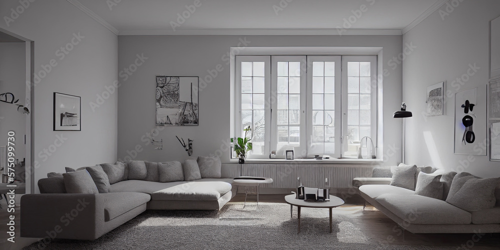 Stylish scandinavian living room with design mint sofa, furnitures, mock up poster map, plants and elegant personal accessories. Modern home decor. Bright and sunny room. Generative AI illustration. Stylish scandinavian living room with design mint sofa, furnitures, mock up poster map, plants and elegant personal accessories. Modern home decor. Bright and sunny room. Generative AI illustration.