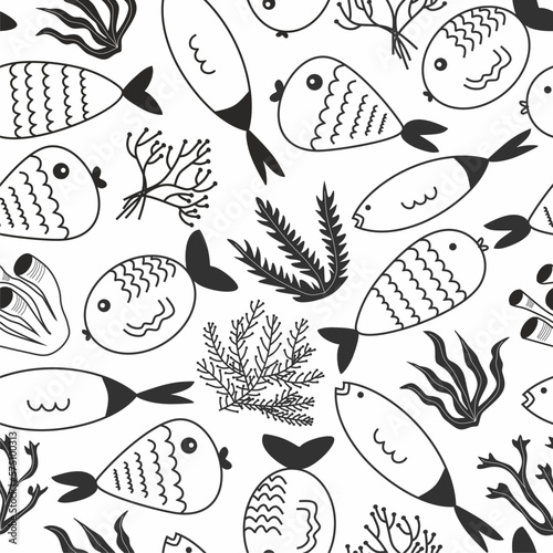 Doodle hand drawn different fishes and seaweeds on seamless background. Cartoon style. Monochrome lines. Pattern. White background. Wrapping paper, print, textile, fabric.